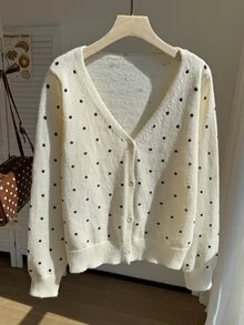 Comfortcana Plus Size Autumn Casual Polka Dot Print Cardigan - Black and White - View 8