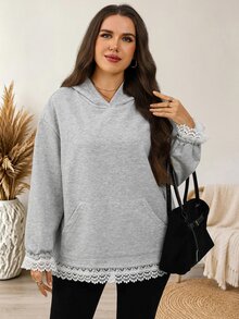 EMERY ROSE Plus Size Women's Contrast Lace Cuff Loose Casual Hooded Sweatshirt - Grey - View 5