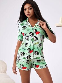 THE POWERPUFF GIRLS X SHEIN Women's Cartoon Print Pajama Set - Green - View 3