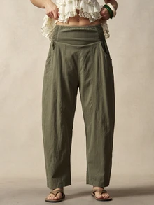 Bohemela Plus Size Casual Versatile Elastic Waist Pants With Pockets Fall - Army Green - View 6