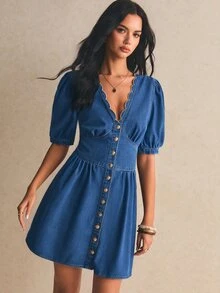 Poéselle 1Pc Button Front Scallop Trim Denim Dress Teacher Outfits For Women - Medium Wash - View 4