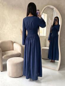 Veilorie Solid Ruched Bust Flowy Hem Arabian Dress - Blue - View 2