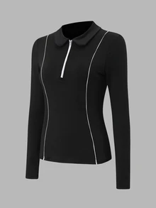 Easithlete Contrast Piping Zipper Front Tee - Multicolor - View 1