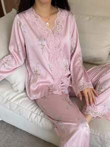 DAZY Floral Print Contrast Lace PJ Set - Dusty Purple - View 4