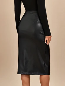 Amorya Zip Up Contrast Lace PU Leather Skirt - Black - View 2