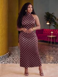 Slaydiva Plus Polka Dot Print Tie Neck Halter Dress - Brown - View 7