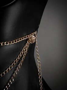 SHEIN ICON Y2K女款萬聖節Cosplay黑色哥德風束腰派對裝，對比色立領長下擺 - 黑色 - 查看 8