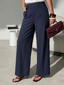 Lavishia Blue Striped Low Waist Straight Leg Suit Pants With Pockets, Suitable For Commuting - Royal Blue - View 4