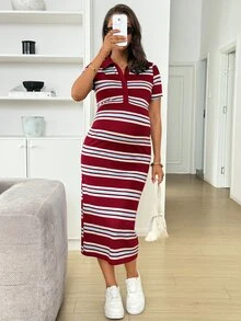 MaterniWear Maternity Striped Casual Daily Summer Travel Dress Black And Red - Red - View 9