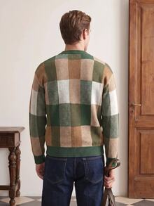 Manfinity CityGents Men Plaid Pattern Round Neck Sweater - Army Green - View 2