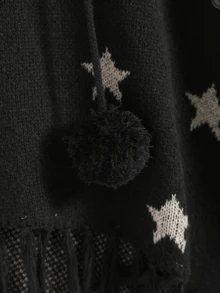 DreamSkyne Plus Size Halloween Allover Star Pattern Fringe Hem Pompom Drawstring Hooded Cape Cardigan Formal Date Night Black Autumn 1960s 1920s - Black - View 7