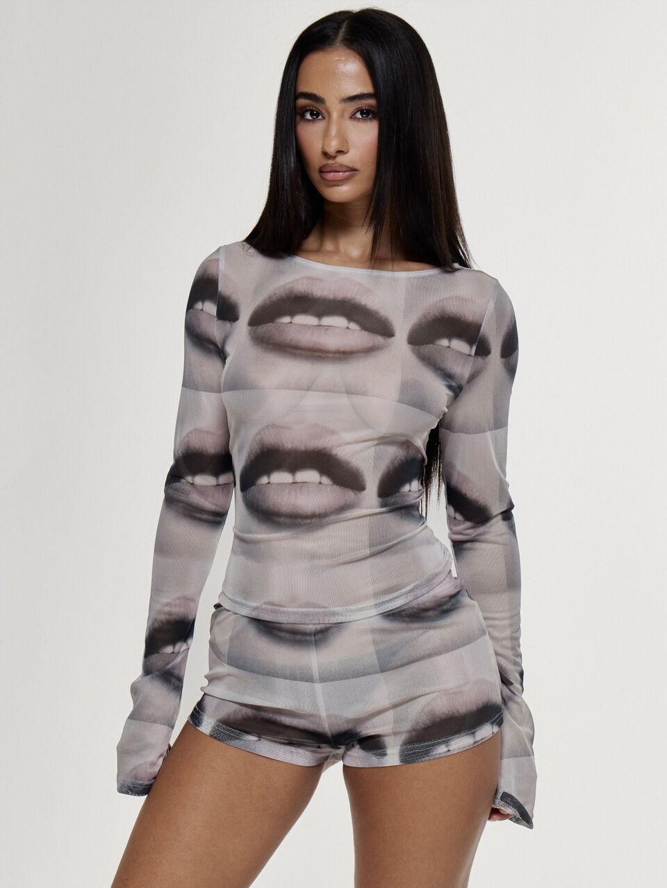 Graphic Printed Mesh Semi Sheer Fitted Crewneck Top With Fitted Mini Shorts