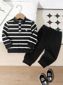 Boy's Spring Casual Striped Racing Style Black And White Color Scheme Sweatshirt And Pants Parent-Child Matching School Uniform - Black - View 1