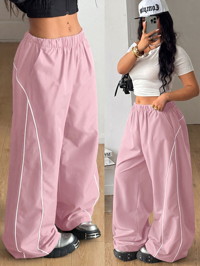 Coolane Women's Men's Plus Size Summer Fall 90s Y2k Streetwear Vintage Sport Elastic Waist Straight Leg Contrast Color Loose Light Pink Pants Vacation
