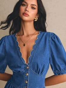 Poéselle 1Pc Button Front Scallop Trim Denim Dress Teacher Outfits For Women - Medium Wash - View 5