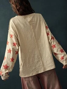 Bohemela Mermaid Star & Letter Graphic Drop Shoulder Oversize Tee - Apricot - View 7