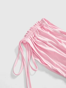 ROMWE Y2K Solid Drawstring Shoulder Lace Top - Pink - View 3