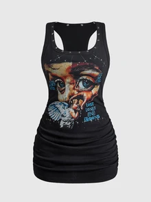 ROMWE Street Life Figure & Slogan Graphic Star Studded Racerback Ruched Bodycon Dress - Black - View 1