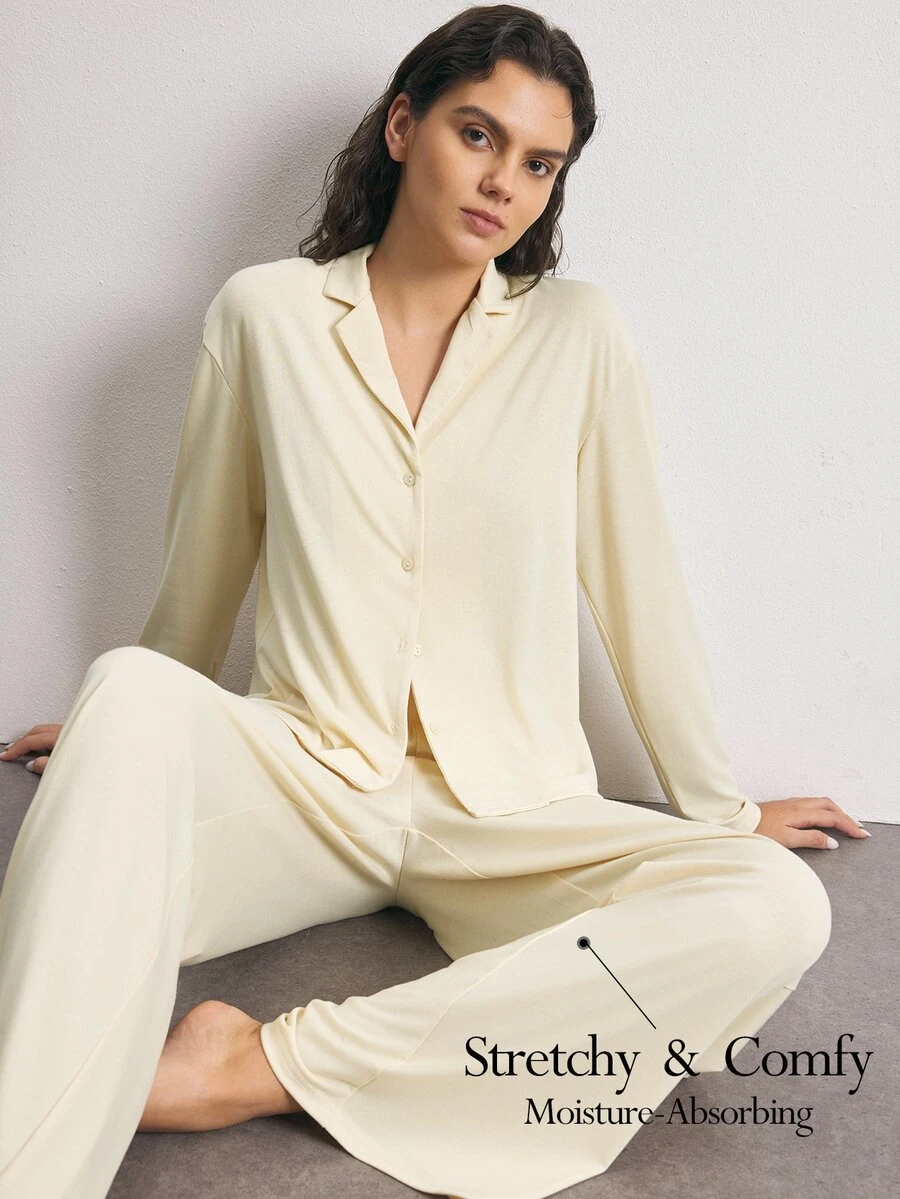 Ocili Conjunto de pijama de color sólido con botones delanteros - Amarillo - Ver 1