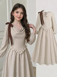 SHEIN Tween Girls Dresses - Khaki - View 7