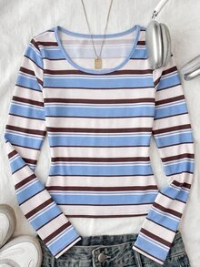 Tween Girl Striped Print Long Sleeve Tee - Multicolor - View 1