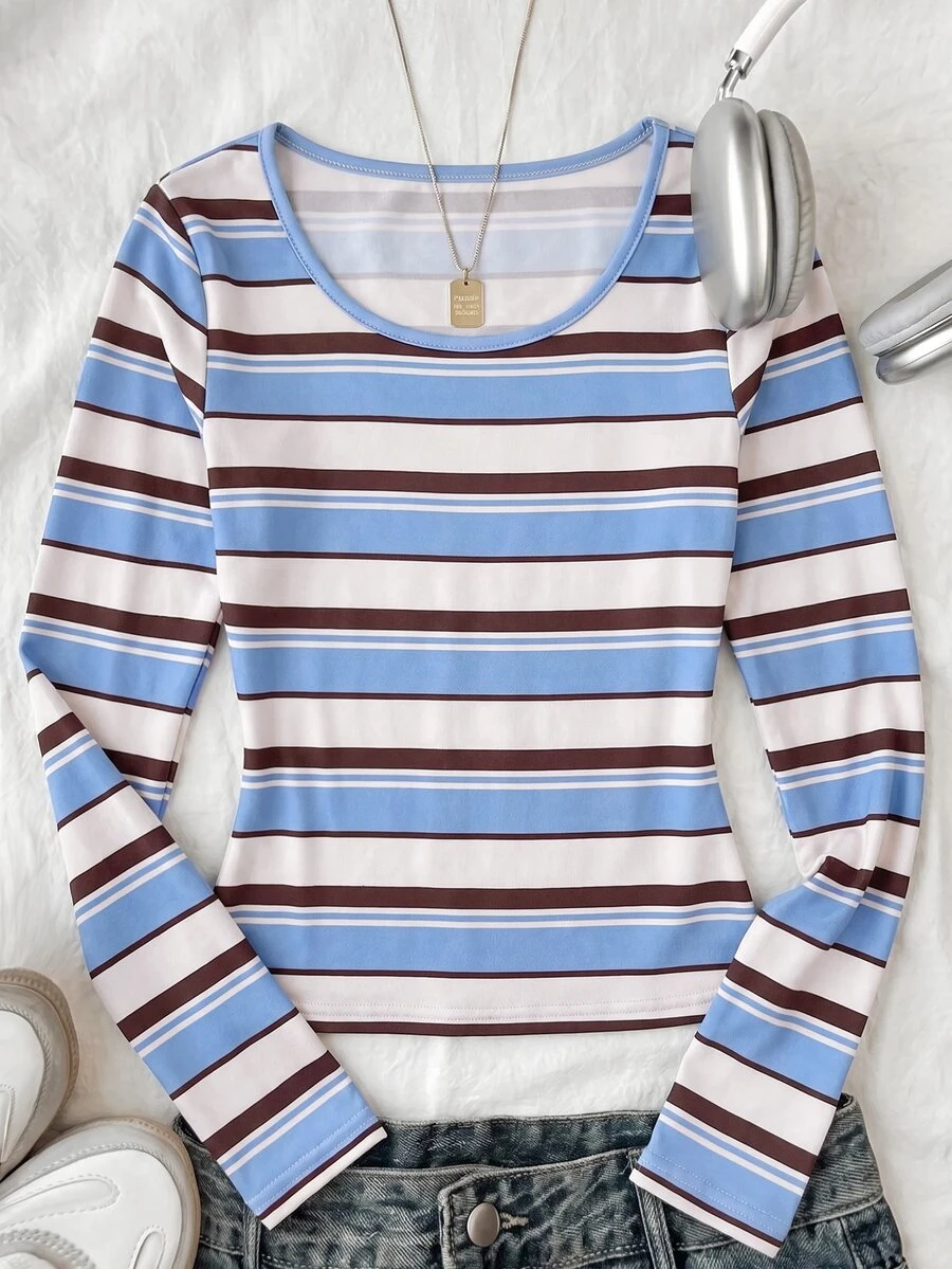 Tween Girl Striped Print Long Sleeve Tee - Multicolor - View 1