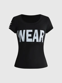 ROMWE Grunge Punk Women's Letter Print Casual Versatile Daily Short Sleeve T-Shirt - Black - View 1