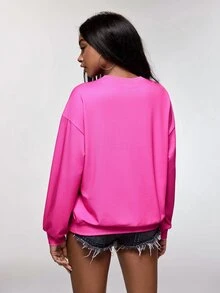 THE POWERPUFF GIRLS X SHEIN كنزة نسائية بطبعة كرتونية بياقة مستديرة وأكمام طويلة مناسبة للعطلات - وردي - مشاهدة 2