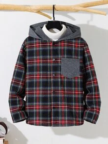 SHEIN 兒童青少年男孩休閒柔軟綠色格紋長袖連帽襯衫，基礎上衣，適合秋季、聖誕節、萬聖節、學校、家庭聚會、度假、派對，秋季穿搭，冬季穿搭 - 彩色 - 查看 3