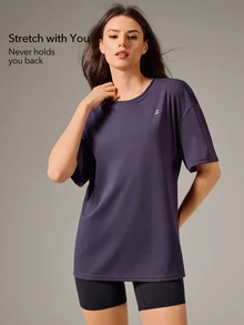 OutZeal Women Sports Tee Solid Color Casual Gym Workout Soft Stretchy Relax Fit Short Sleeve T-Shirt Summer Spring - Purple - View 3