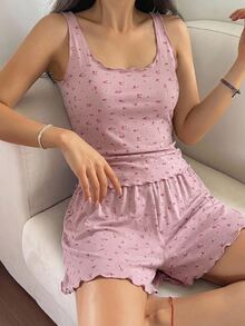 DAZY Ditsy Floral Print Lettuce Trim PJ Set - Pink - View 5