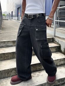 Manfinity EMRG Men Flap Pocket Side Cargo Jeans Without Belt - Dark Grey - View 1