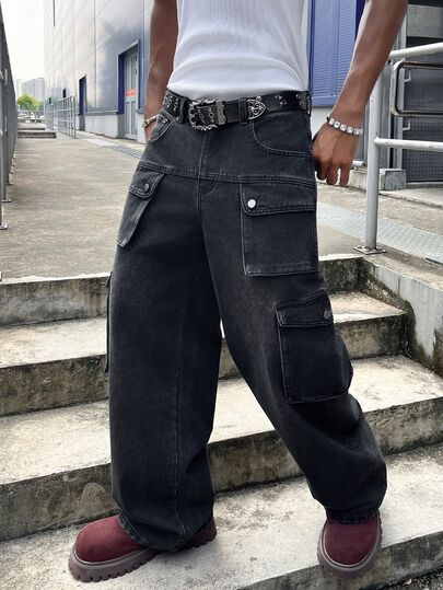 GALLERY FADE Men Flap Pocket Side Cargo Jeans Without Belt