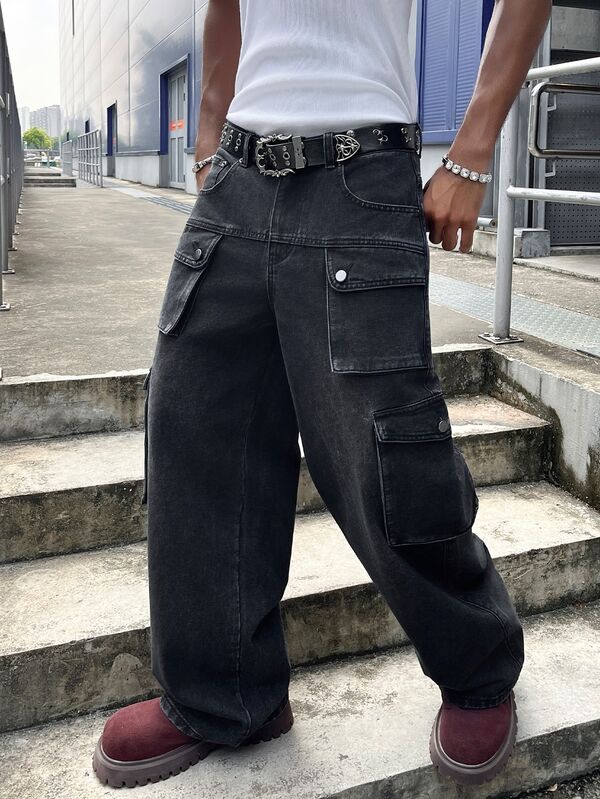 GALLERY FADE Men Flap Pocket Side Cargo Jeans Without Belt