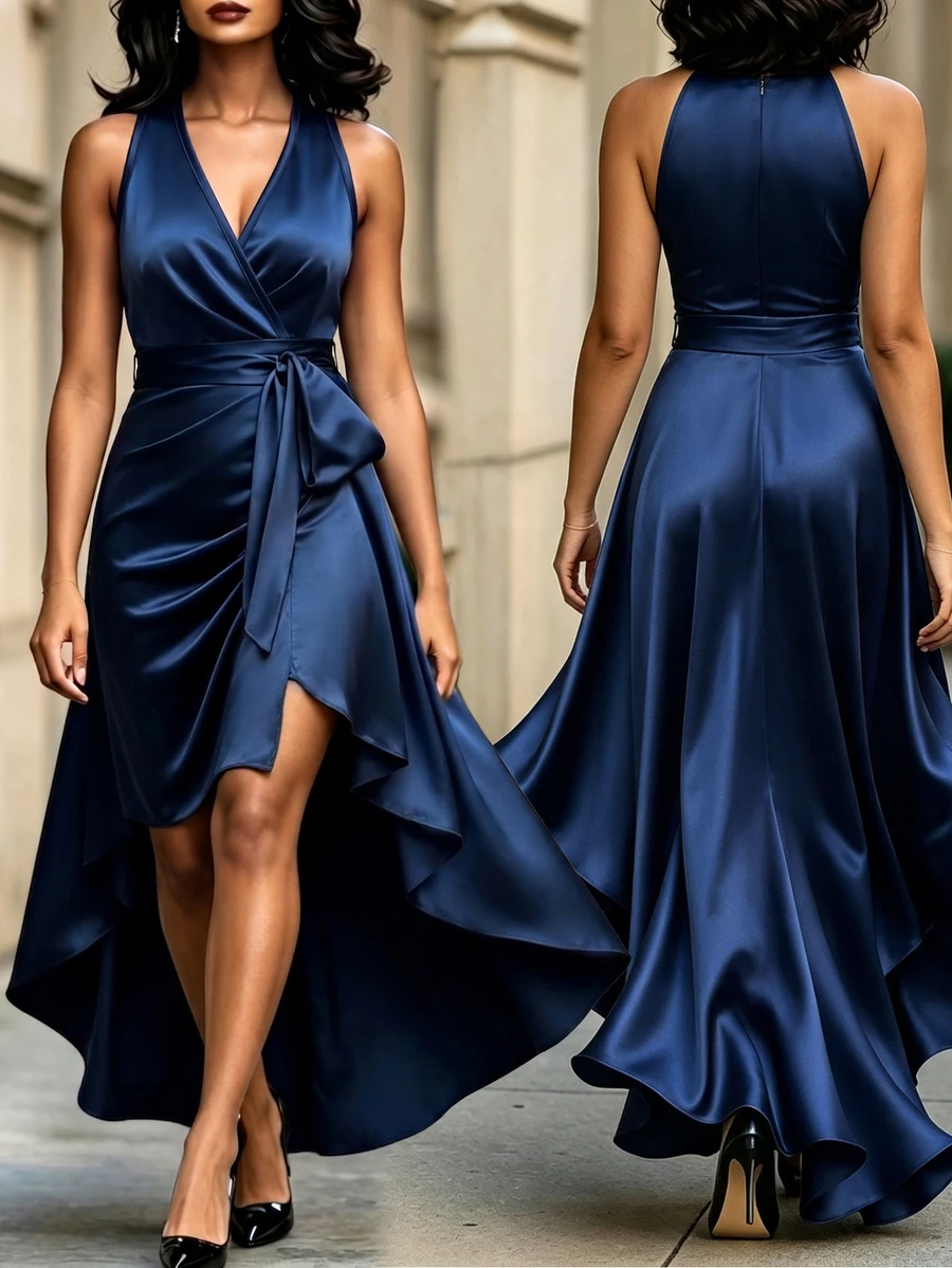 Velvienne Plus Solid Wrap Knot Side Satin Dress - Navy Blue - View 1