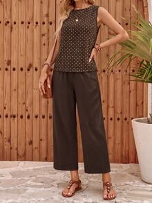 EMERY ROSE Top de tirantes con estampado de lunares y bajo dividido & Pantalones de pierna ancha - Multicolor - Ver 3