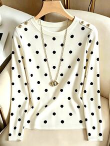 SHEIN Franclia Kaos dengan Detail Kancing Motif Polkadot - Putih - View 5