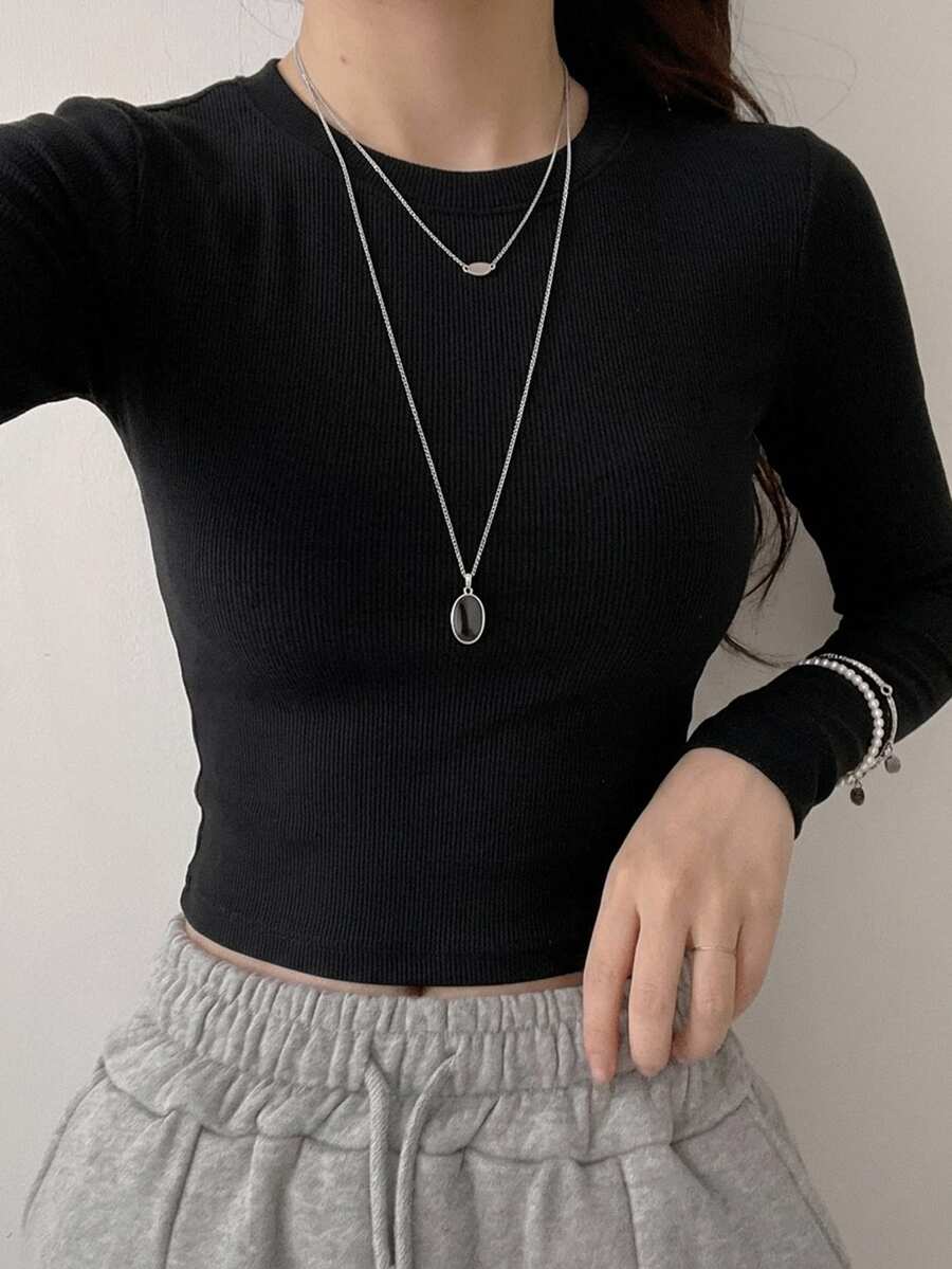 DAZY Solid Ribbed Knit Crop Top - Black - View 1
