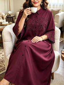 Al Najma Plus Contrast Guipure Lace Trumpet Sleeve Shirt Dress - Red Violet - View 4