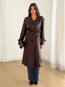 SHEIN Tall Double Breasted Belted PU Trench Coat - Brown - View 5