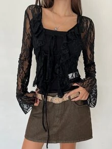K-Vae Women's Black Cropped Long Sleeve Lace Top - Black - View 3
