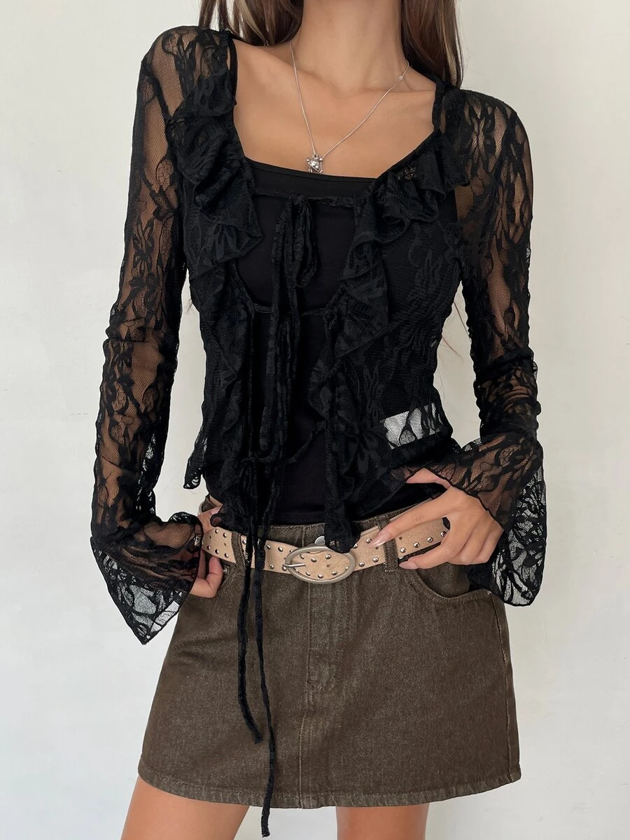 K-Vae Women's Black Cropped Long Sleeve Lace Top - Black - View 1