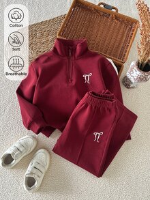 SHEIN Girls' Spring/Fall Outfits  Sporty Bow Embroidered  Long Sleeve Sweatshirt Set, Simple And Comfortable,Fall Outfits Suitable For Sports Casual Wear - Red - View 3
