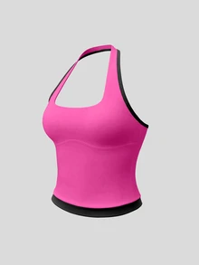 SHEIN Sweetro Colorblock Patchwork Backless Halter Neck Sports Tank Top - Hot Pink - View 5