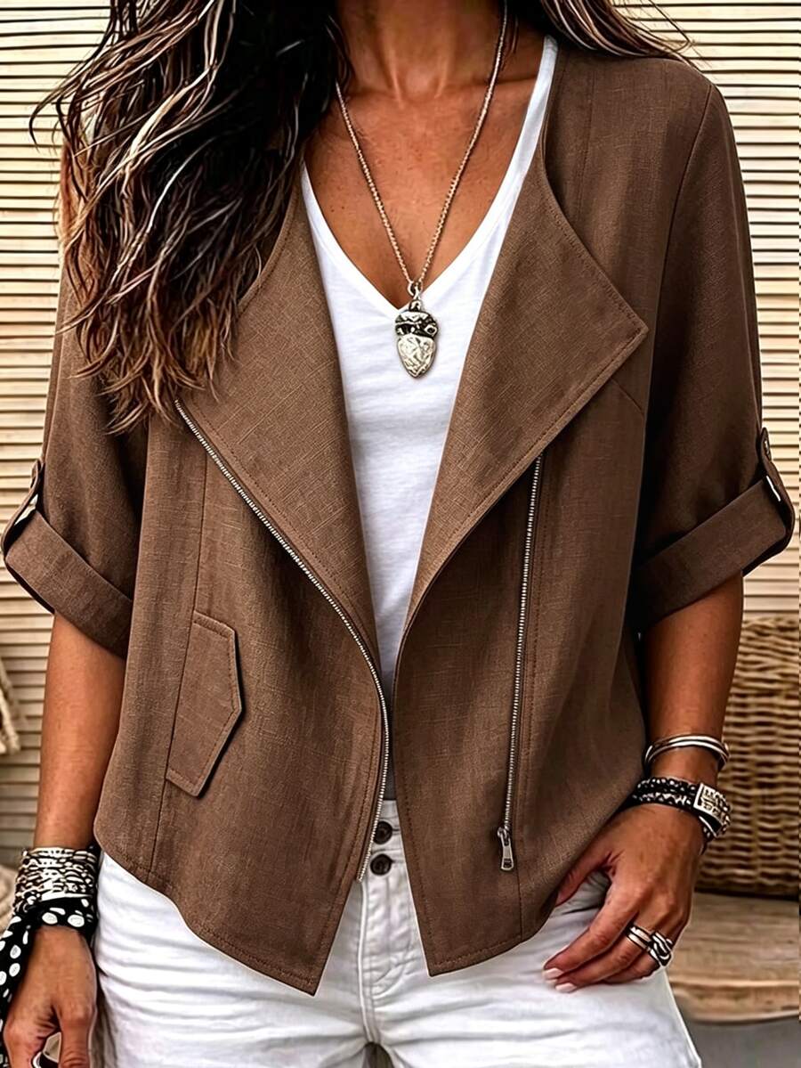 Linhara CURVE Plus Solid Zip Up Jacket Fall - Brown - View 1