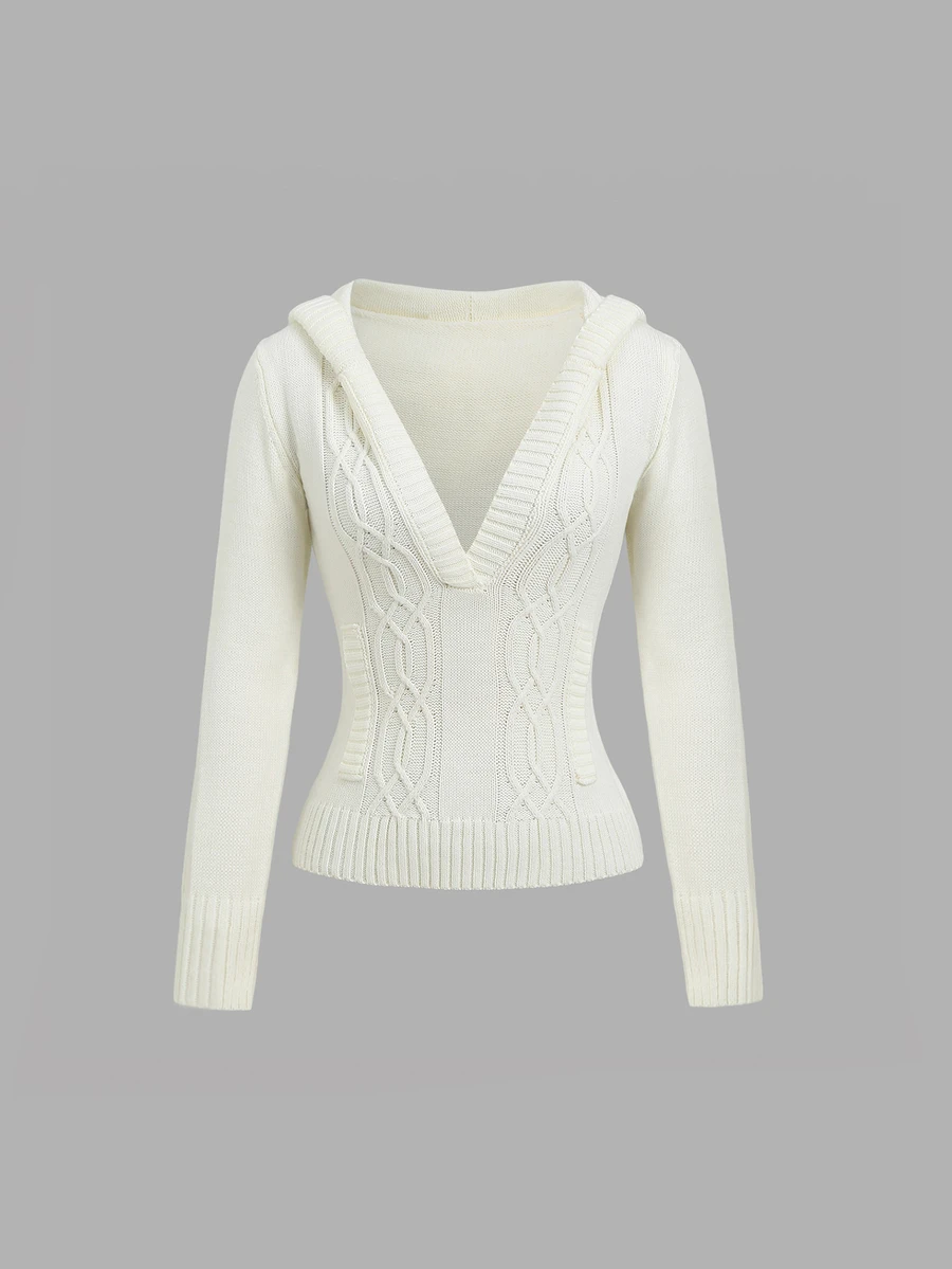 Sweetra Cable Knit Hooded Sweater - White - View 1