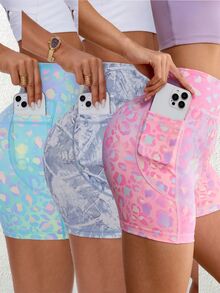 SHEIN Sports 3pcs Leopard And Forest Print Wide Waistband Sports Shorts - Multicolor - View 2