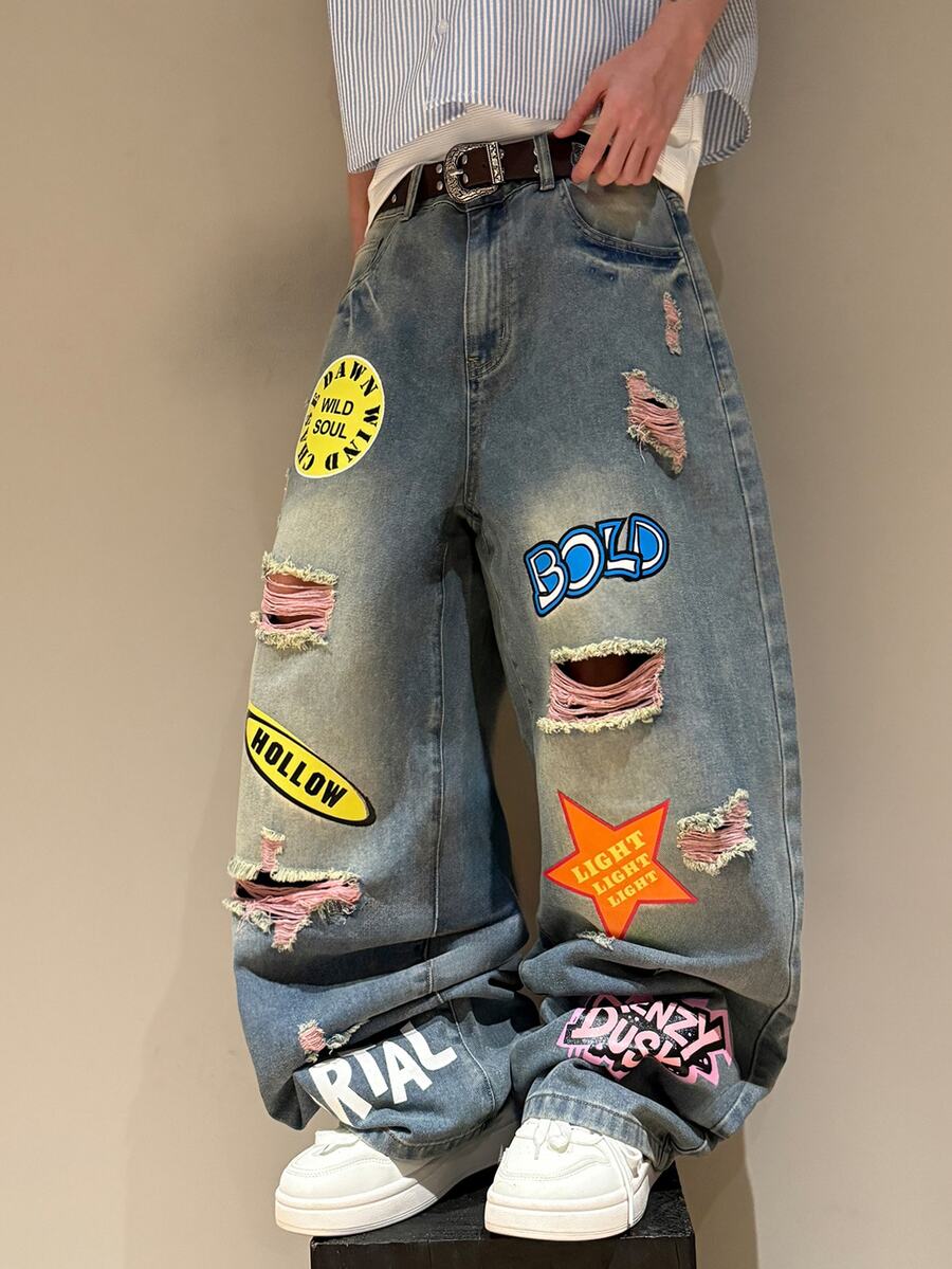 STEELVANCE Men Letter Graphic Ripped Wide Leg Jeans Without Belt - Blue - View 1