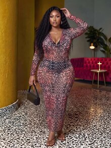 Slaydiva Plus Allover Print Bodycon Dress Fall - Multicolor - View 6