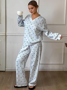 Livesso Letter And Polka Dot Print Drop Shoulder PJ Set - Grey - View 5